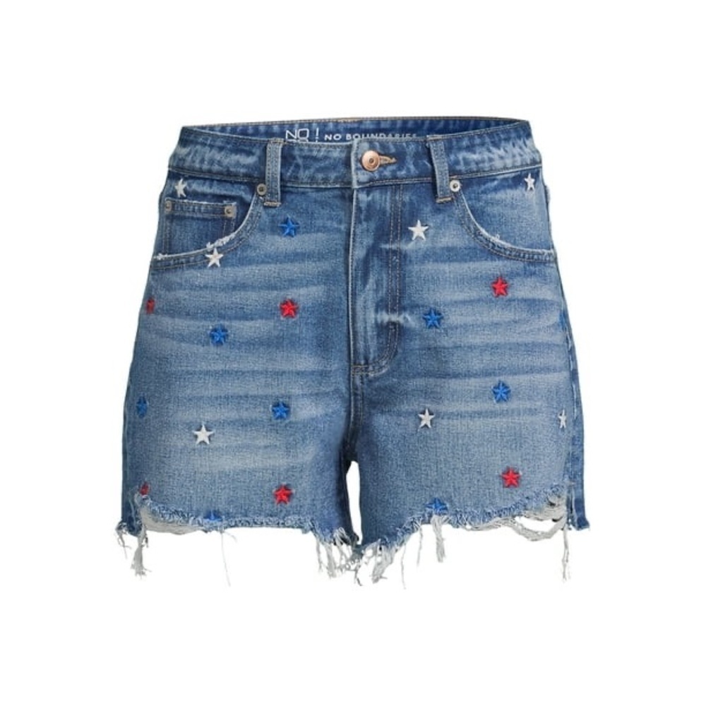 No Boundaries Blue and Red Jean Shorts with Distressed Hem